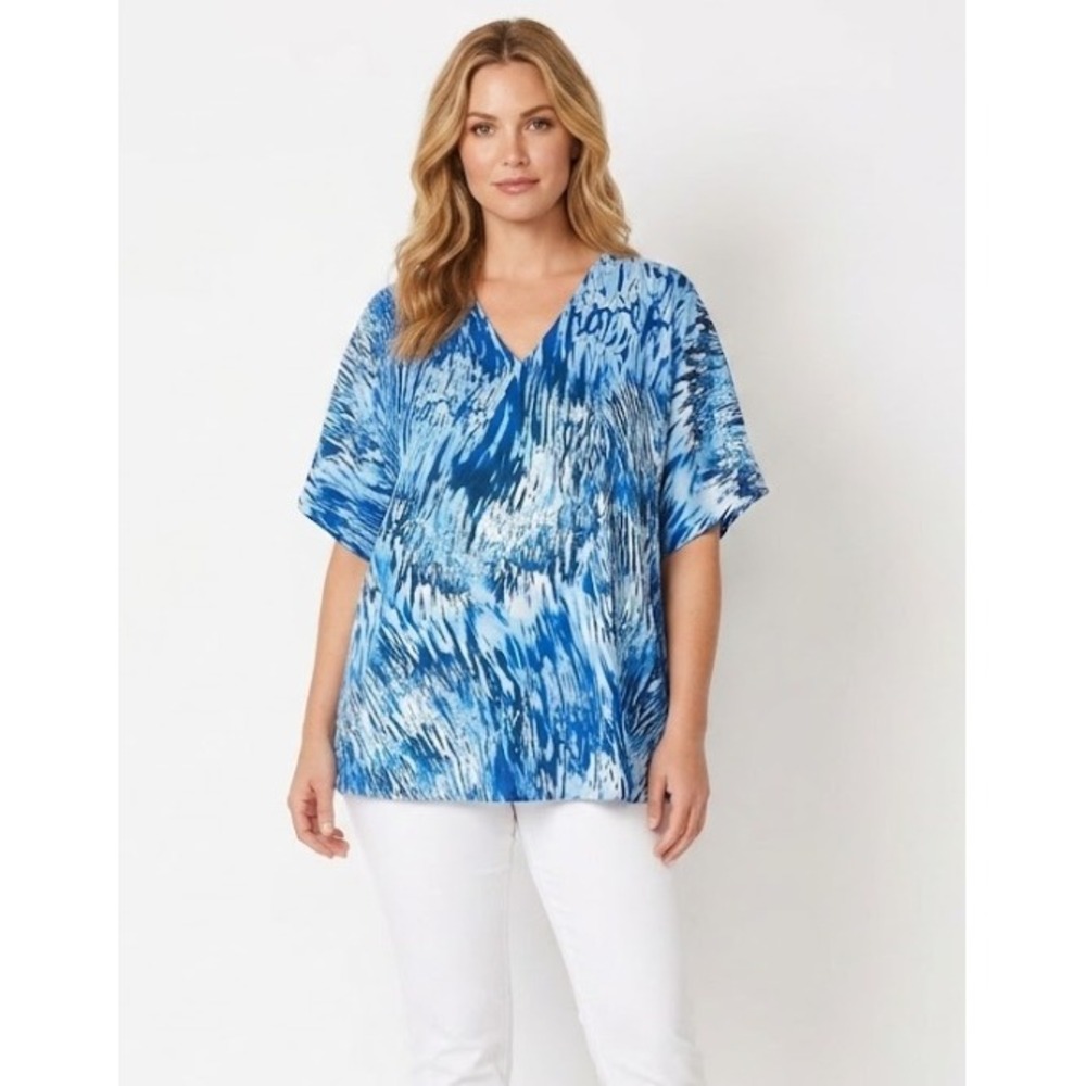 BOSS Blue Abstract Print V Neck Stretch Knit Relaxed Fit Comfy Blouse size 10
